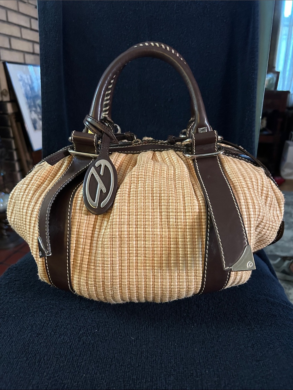 Francesco Biasia Tan Rafia & Brown Leather Satchel w Top Stitching & Logo Charm